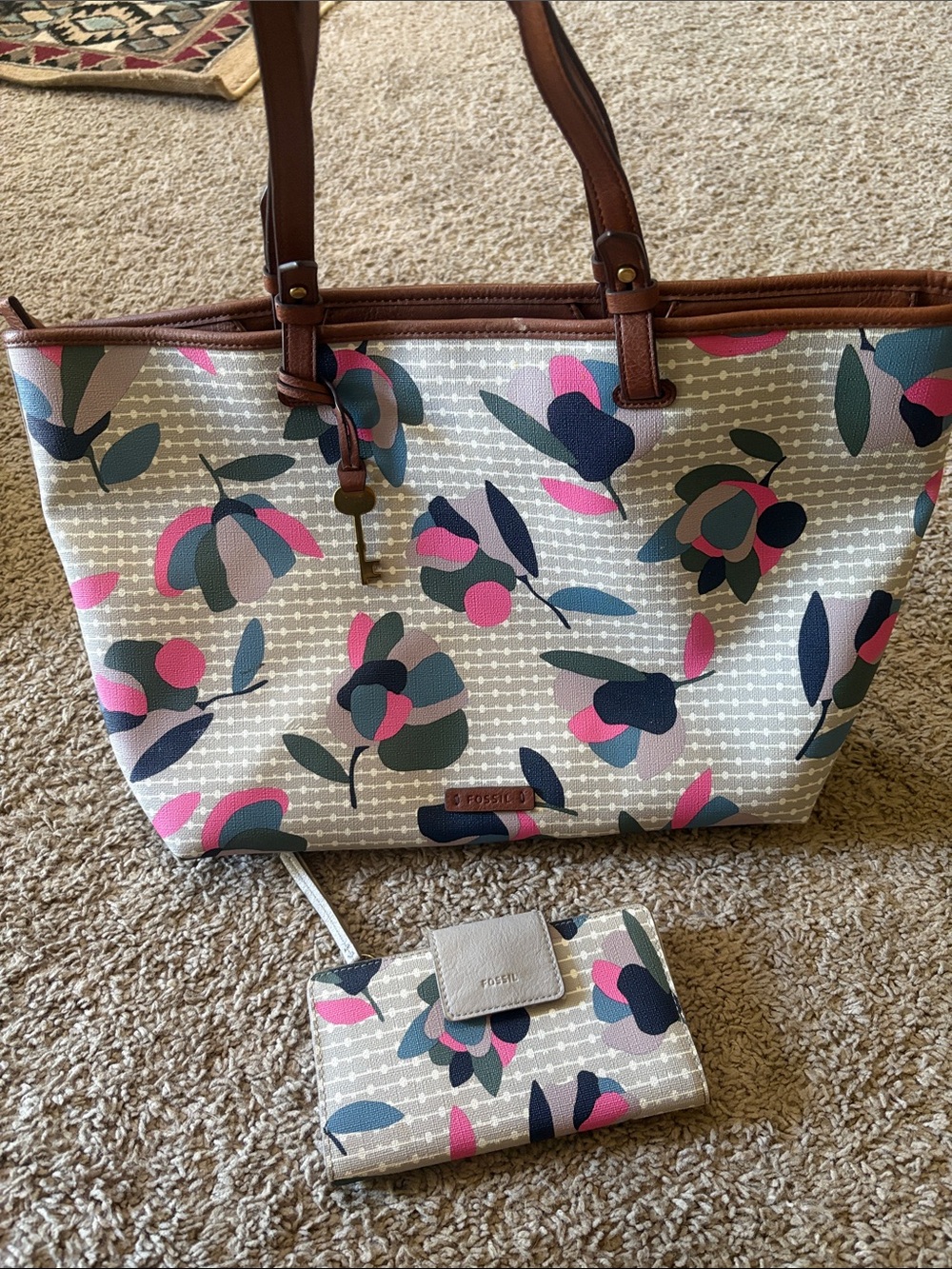 Fossil Floral Pattern Tote in Pink, Green and Navy with Brown Trim